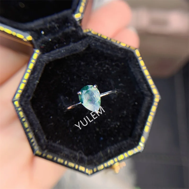 

YULEM Water Drop Natural Moss Agate Ring 5*7mm Engagement Rings for Women 925 Sterling Silver Jewlery Sets