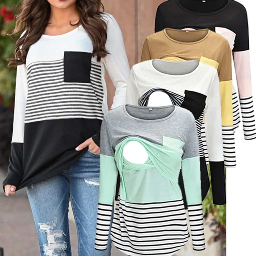 Fashion Pregnant Women Stiching Color Breastfeeding Nursing T Shirts Casual Loose Long Sleeve Tee Tops For Maternity