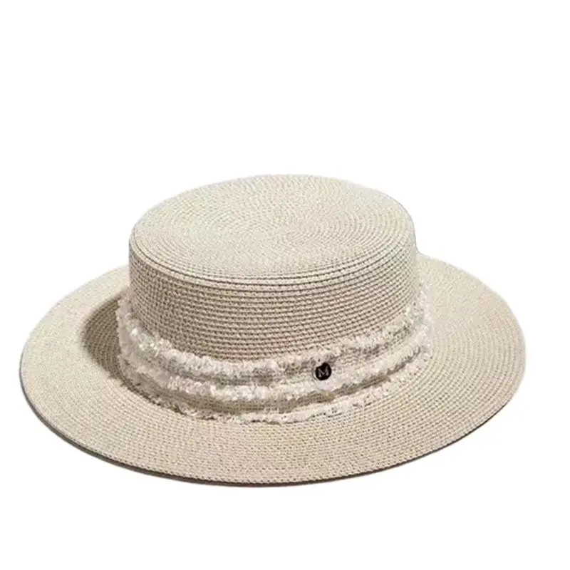 

French Hepburn ladies wind flat top hat solid color woven holiday sunshade hat net red with the same M standard tassel ribbon fa