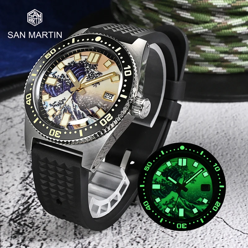 

San Martin Luxury Kanagawa Surfing Dial Men Watch 62MAS Dive NH35 Automatic Mechanical Date 20Bar Full Luminous FKM Rubber Strap