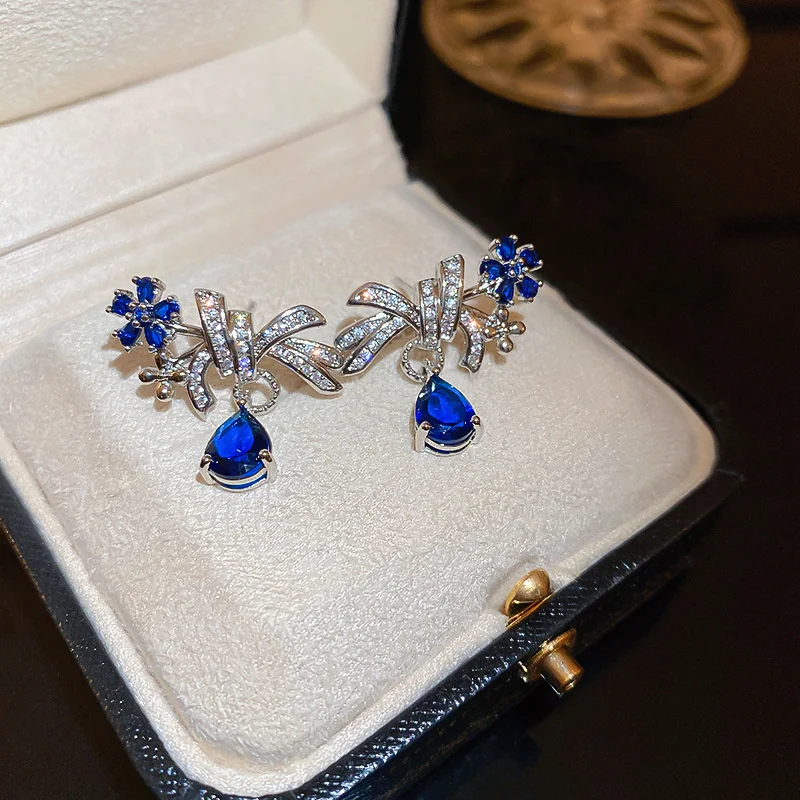 

New High Quality Luxury Zircon Flower Stud Earrings For Women Blue Crystal Accessories Wedding Ear Stud Earrings Jewelry