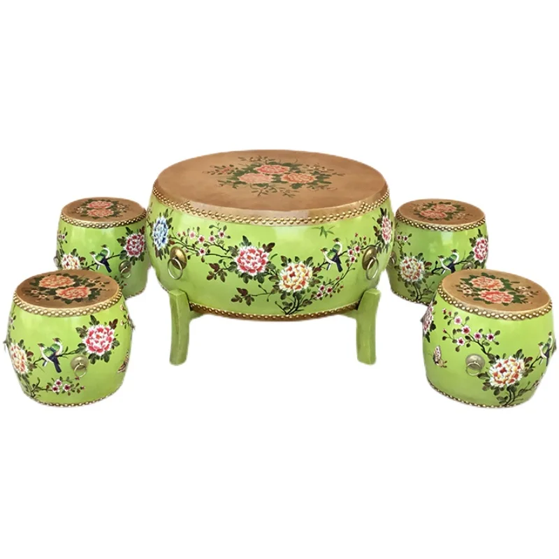 

Solid wood coffee table, several sets of small apartment tea table, painted cowhide drum stool, characteristic stool
