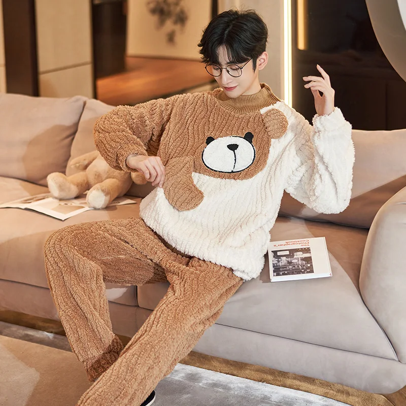 QUHENG Newest Men's Pajama Flannel Pants Set 2022 Winter Autumn Thick Warm Sleepwear for Couples Casual Loose Home Costumes Set