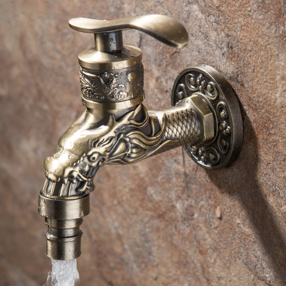 

Wall Mount Bibcock Antieke Draak Gesneden Bronze Retro Kleine Tap Decoratieve Outdoor Tuin Kraan Wasmachine Mop Wc Kranen 1pcs