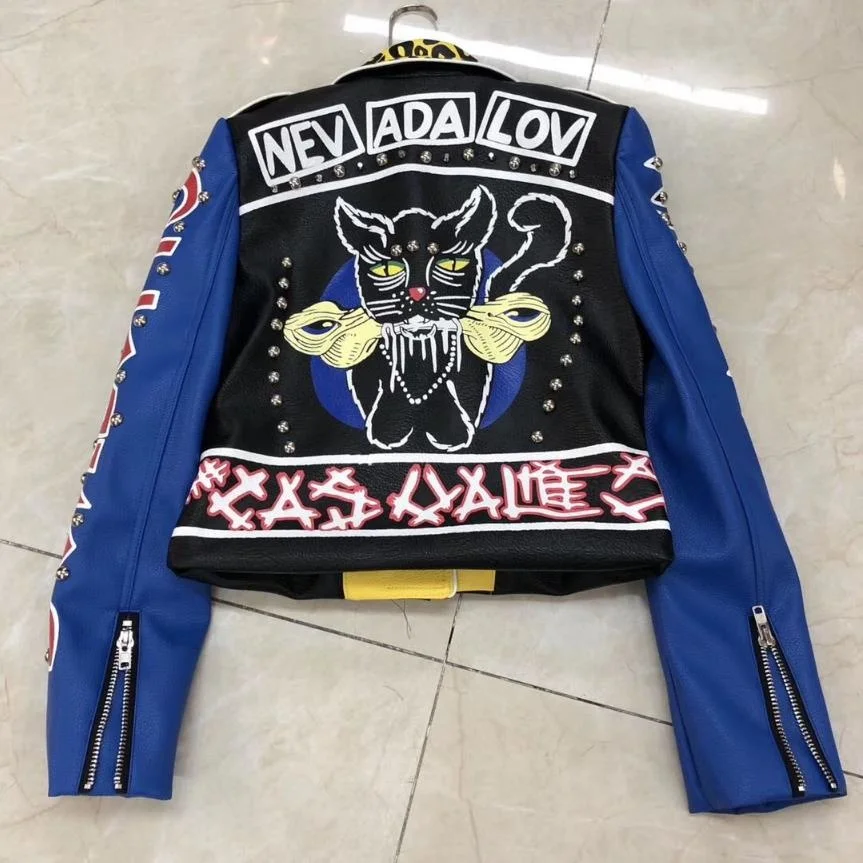 

jacket Fashion Rivet beading leather Locomotive graffiti cartoon pu Leather Jacket female Punk Motorcyle Jackets with belt F2122