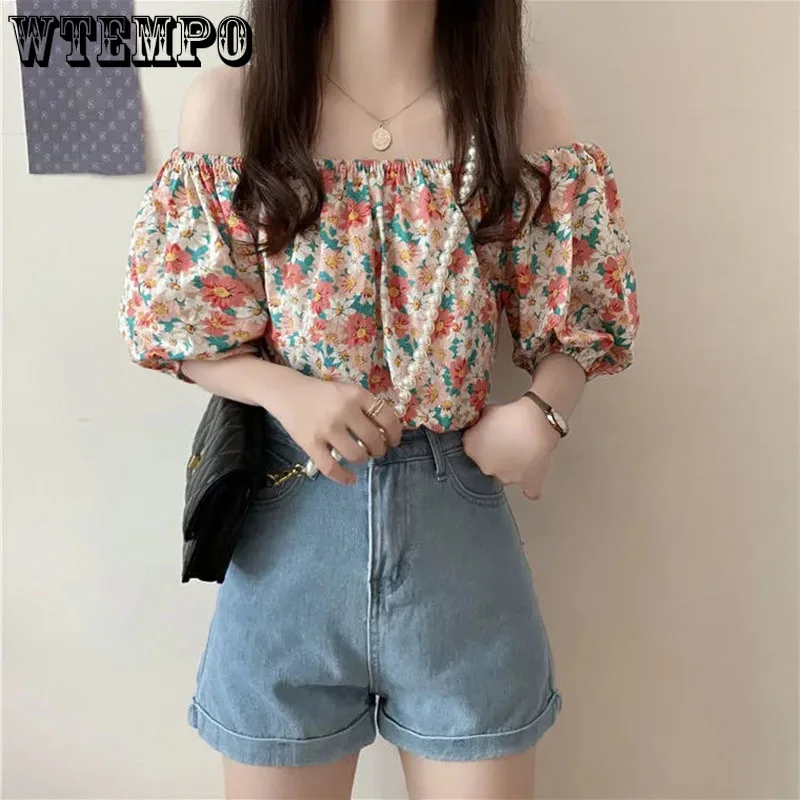 Floral Blouse Women 2022 Off Shoulder Crop Top French Vintage Summer Shirt Womens Tops and Blouses Sexy One Shoulder Pleated Top