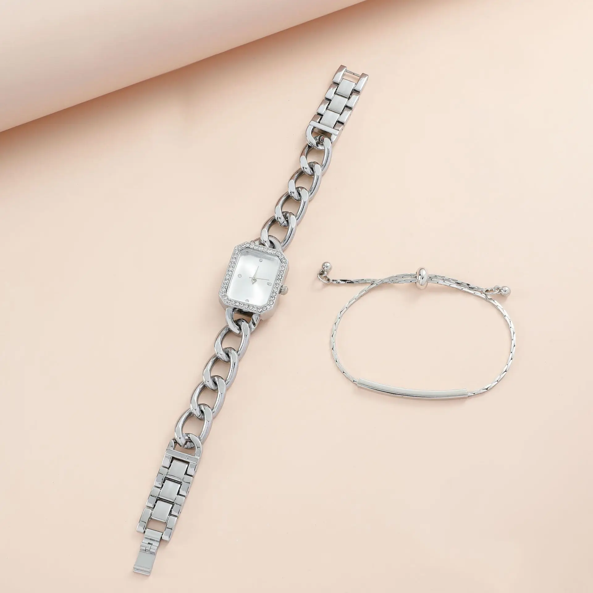Hot new fashion women's Korean version of the simple hollowed out chain small square watch + simple bracelet set 2 pieces