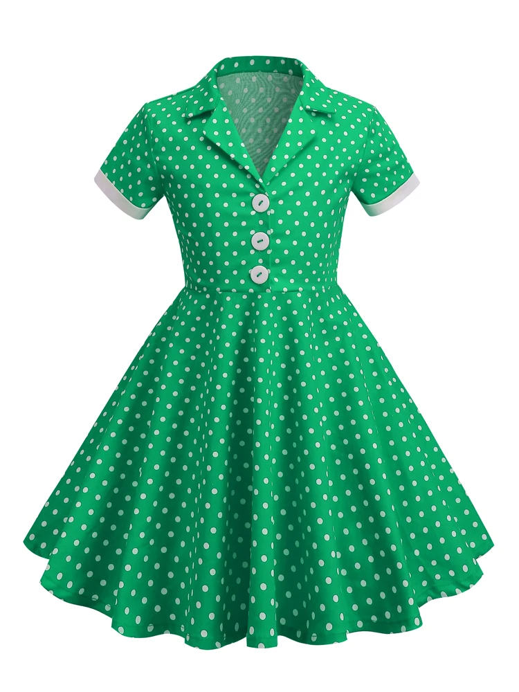 

2023 New Retro Notched Collar Buttons Cotton Princess Dress for Girls Polka Dot Print 50s Style Rockabilly Vintage Kids Clothes