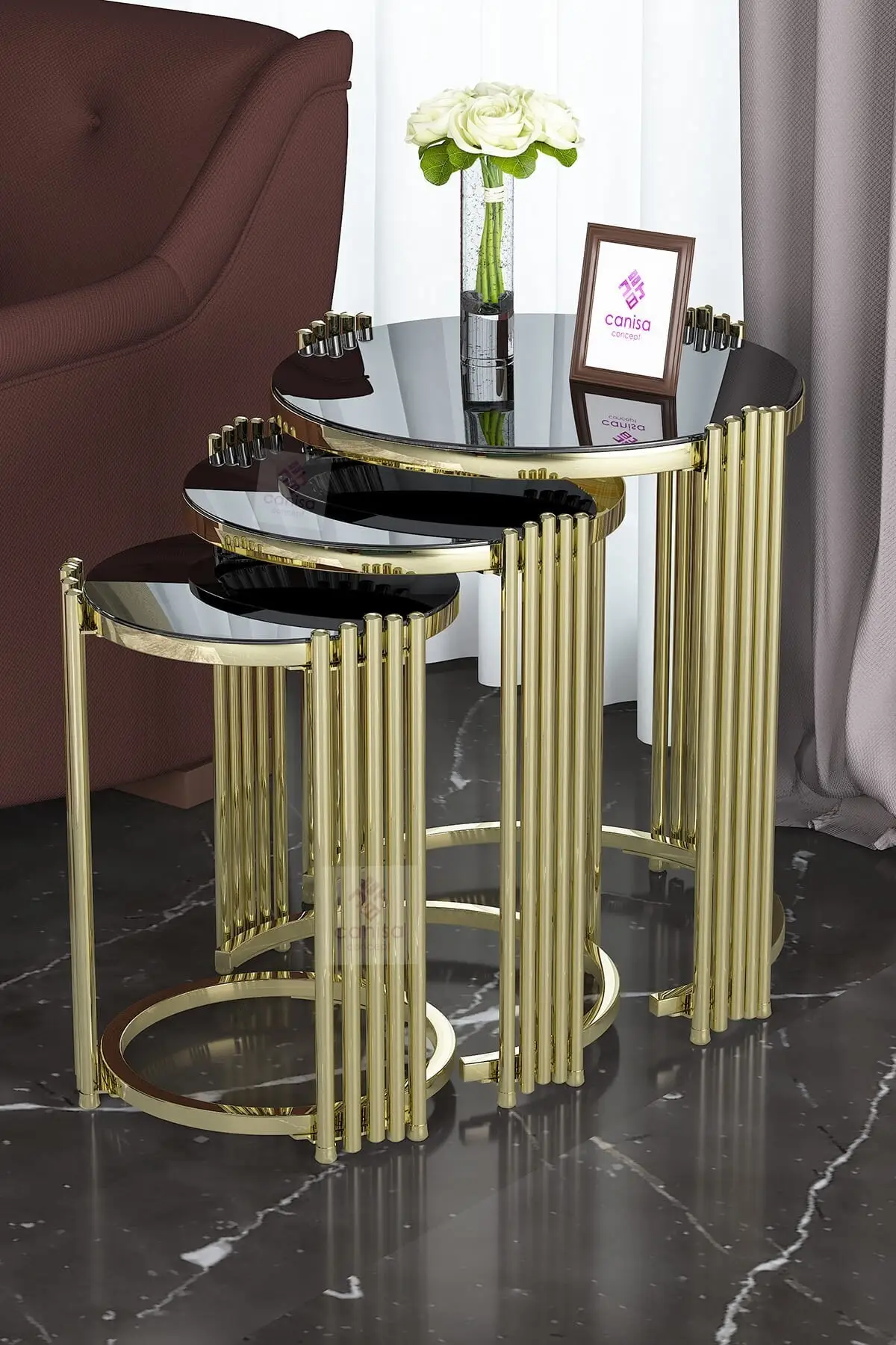 

Sinem Series Tempered Glass Zigon Coffee Table Set/Black-gold