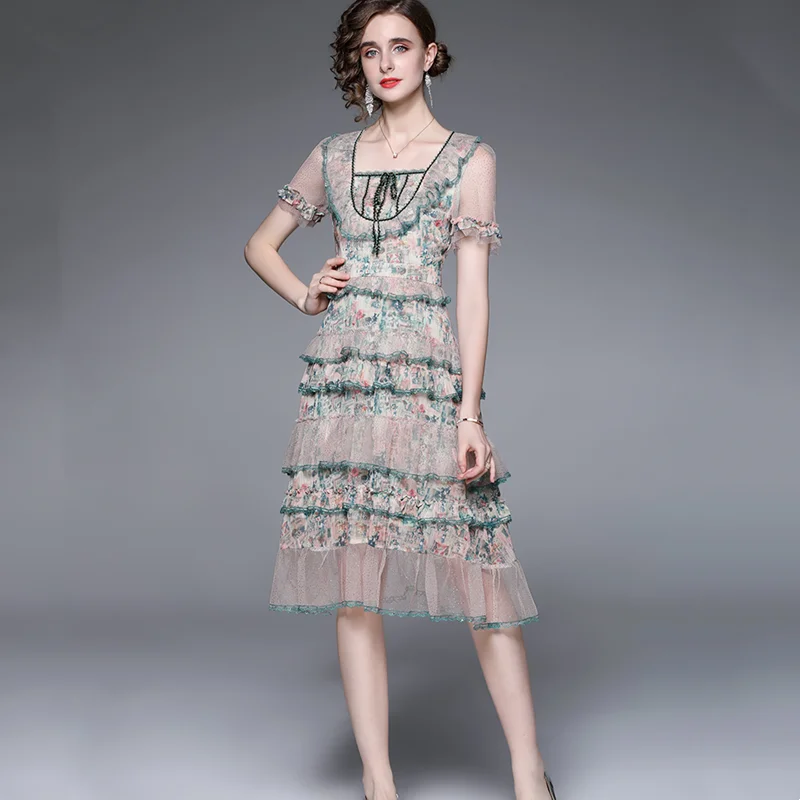 

Женское Сетчатое платье с коротким рукавом, облегающее многослойное платье составного кроя с высокой талией, квадратным вырезом и оборками на лето