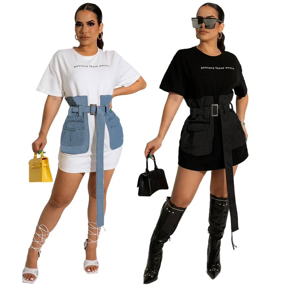 

Summer Corset Short Dress with Sashes Sexy Patchwork Denim Dresses Short Sleeve O Neck Sundresses Women Clothes Streetwear 2022