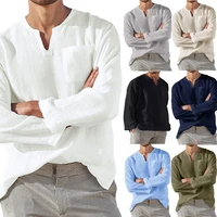 2022 spring and autumn linen casual loose and comfortable mens long sleeved v neck shirt beach style mens pullover top m 2xl