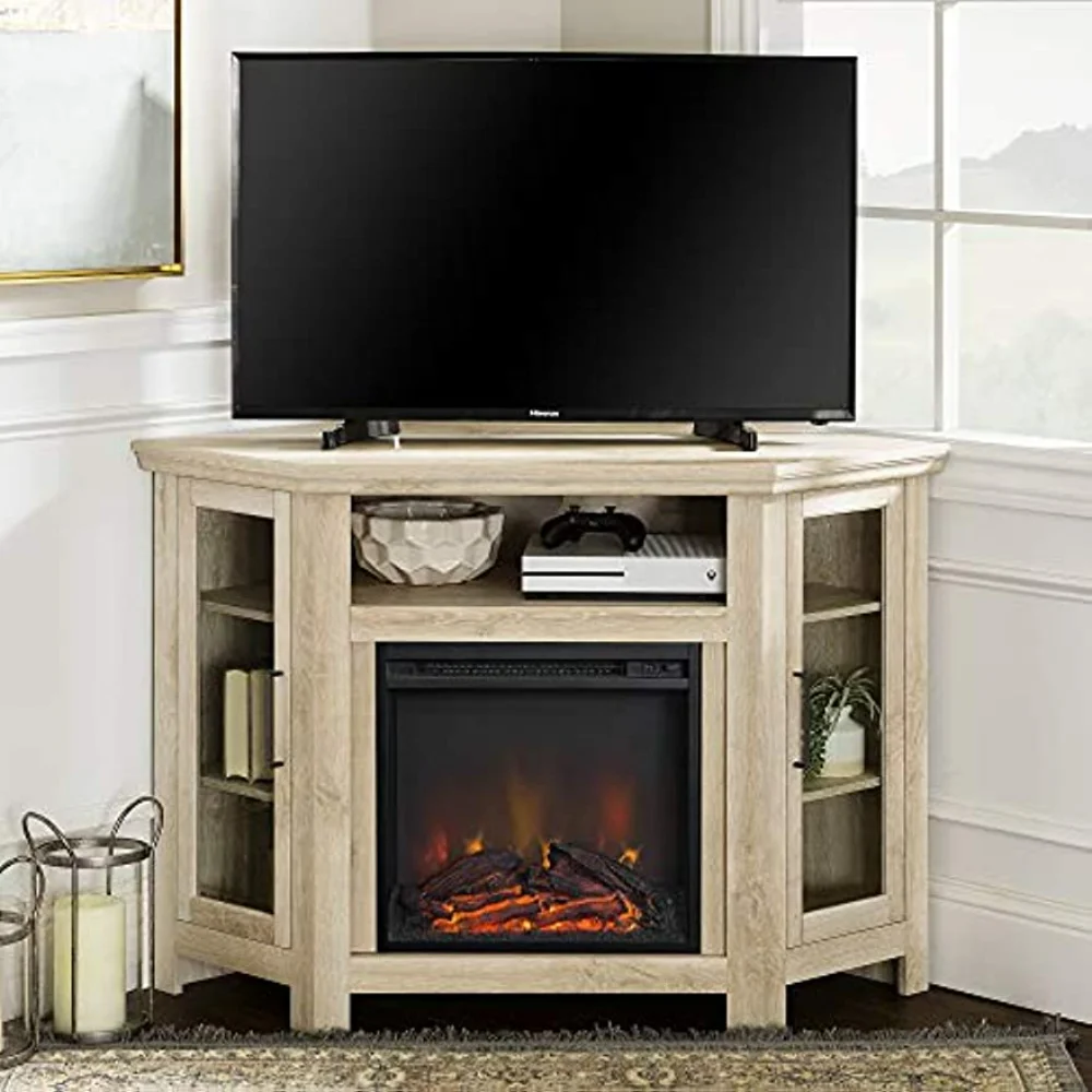

Walker Edison Alcott Classic Glass Door Fireplace Corner TV Stand for TVs up to 55 Inches, 48 Inch, White Oak