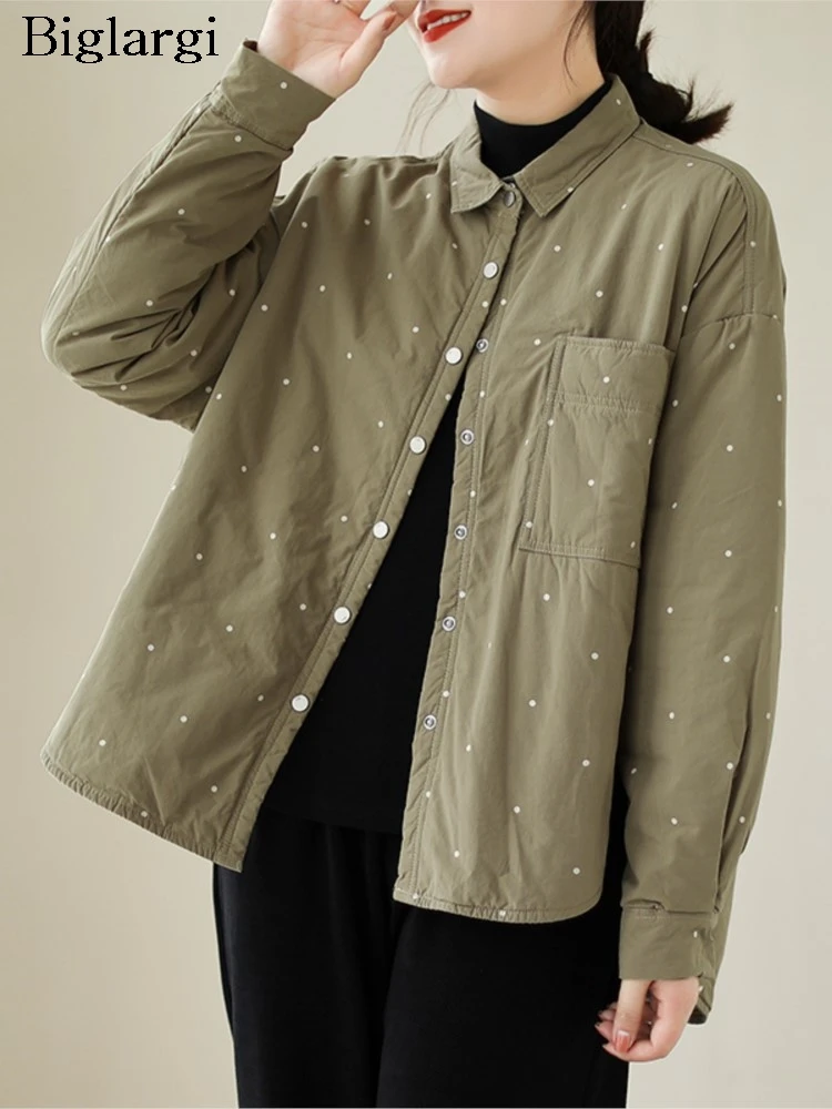 Осеннее стеганое хлопковое пальто большого размера женское в горошек с принтом