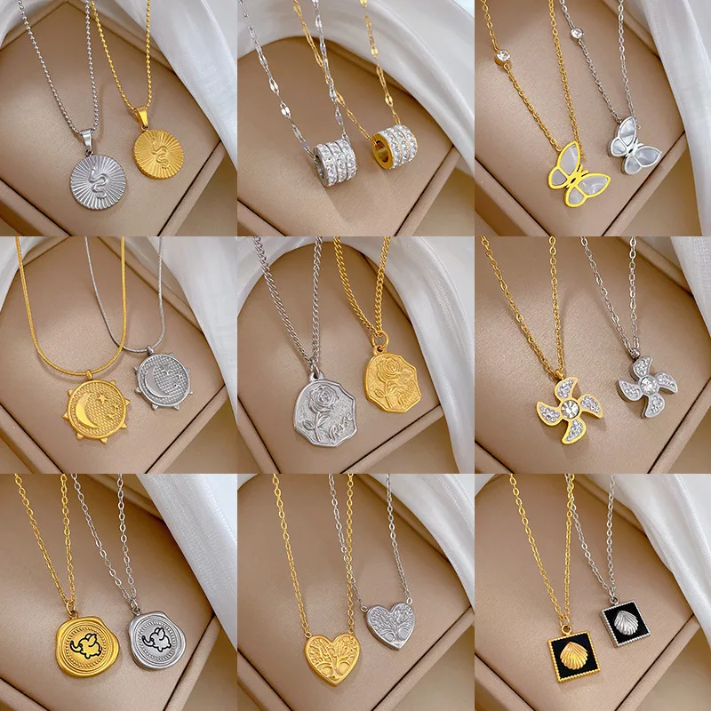 

India Titanium Steel Elephant Carved Roses Gold Pendant Necklaces Women's Neck Chain Butterfly Jewelry Valentines Day Gift