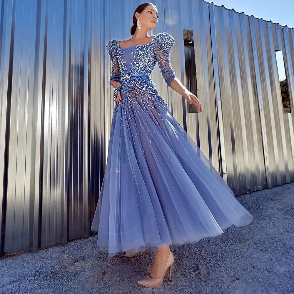 

Sharon Said Elegant Blue Midi Evening Dress 2023 Luxury Dubai Muslim Ankle Length Arabic Short Wedding Formal Party Gowns SS240