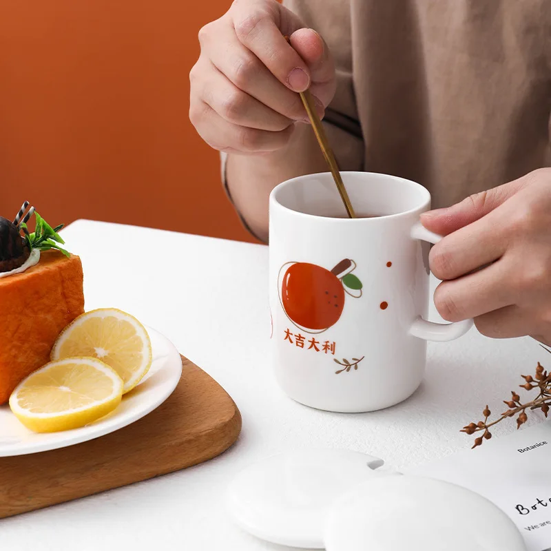 

Great Auspicious Ceramic Mug Cute Household Large-capacity Water Cup with Lid Spoon Office Coffee Cup Flower Tea Cup