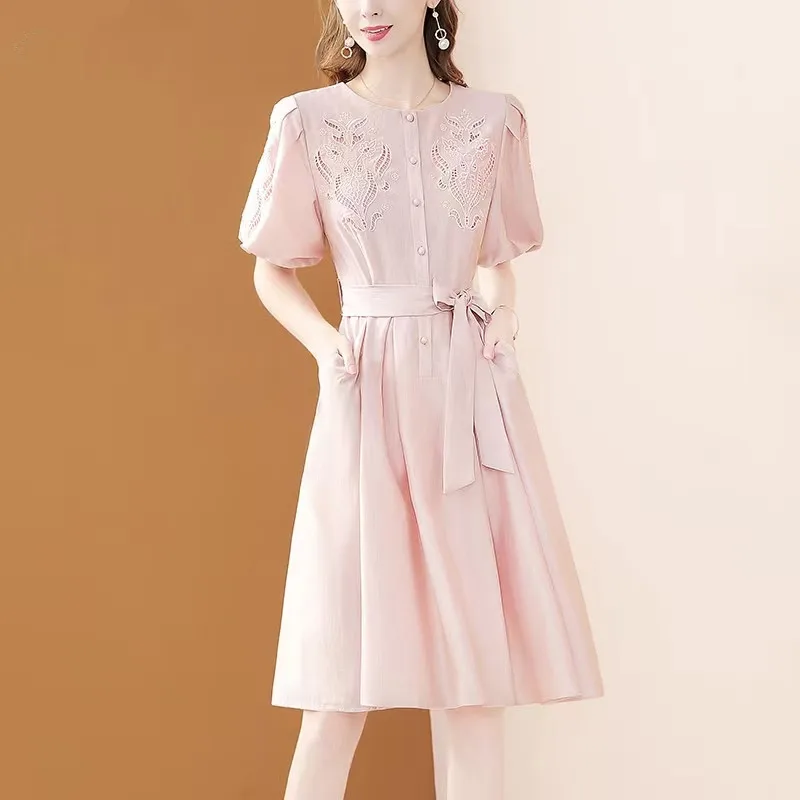 

COIGARSAM Women's Summer Dress 2022 New Fashion Embroidery Hollow Out Belt Pink Dresses Dropshipping