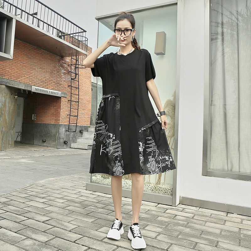 

220415 Patchwork Print Dress Women Korea 2022 Summer New Arrival Personality Fashion Loose O-neck Short Sleeve Dress
