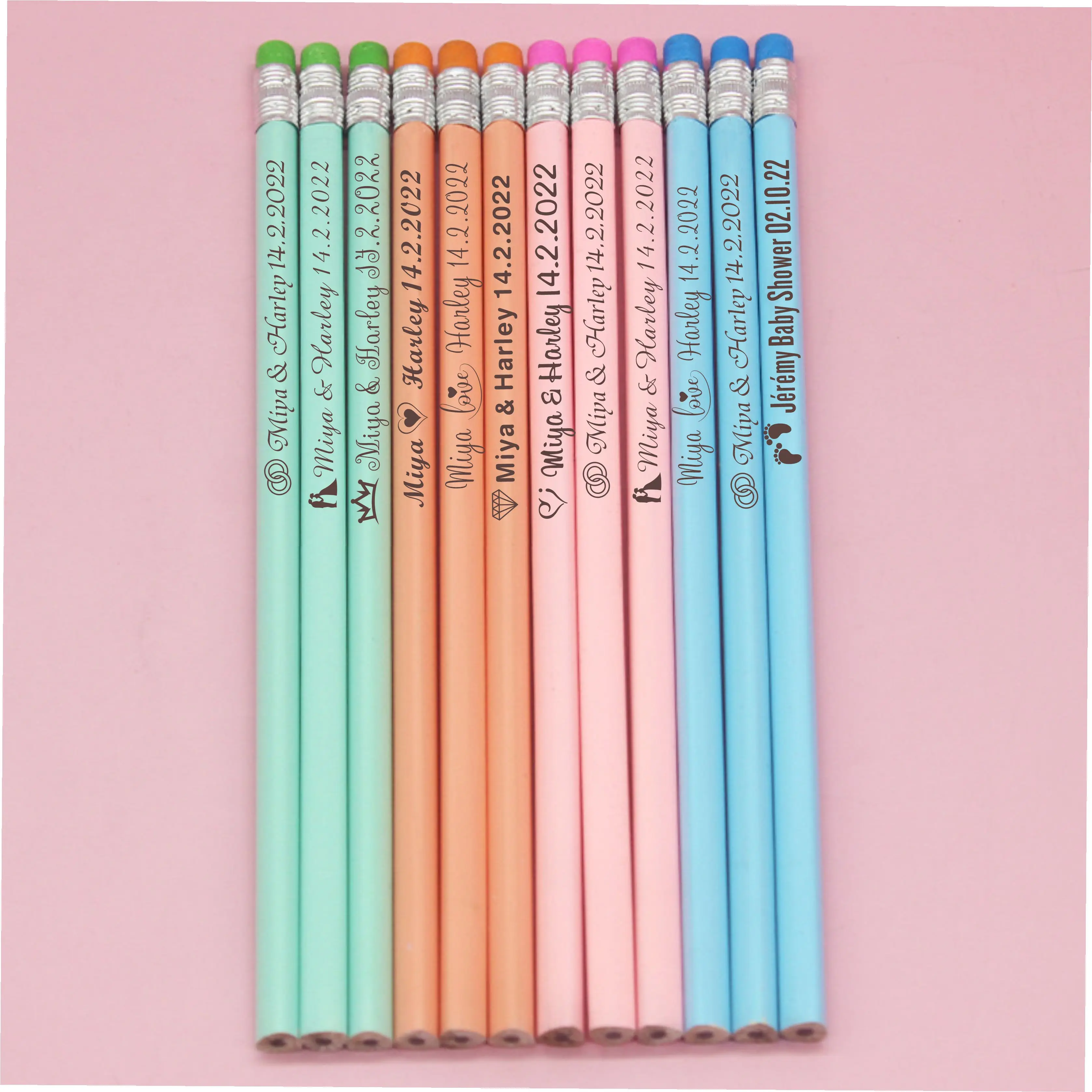 

20/50/100 Personalized Colored Wooden Pencils Customized School Decor Pen With Eraser Wedding Gift Favors Baby Shower Party 19CM