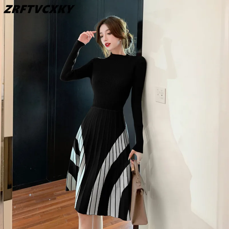 

Women Vintage Color Contrast Knitted Sweater Pleated Dresses 2022 Autumn Winter Fashion O-Neck Long Sleeve Slim Party Dress