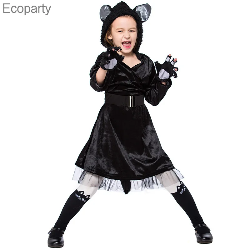 

2022 костюмы для Хэллоуина Пурим вечерние, костюм в виде черного кота с животными, косплей, платье с капюшоном, Детский костюм, милый костюм дл...