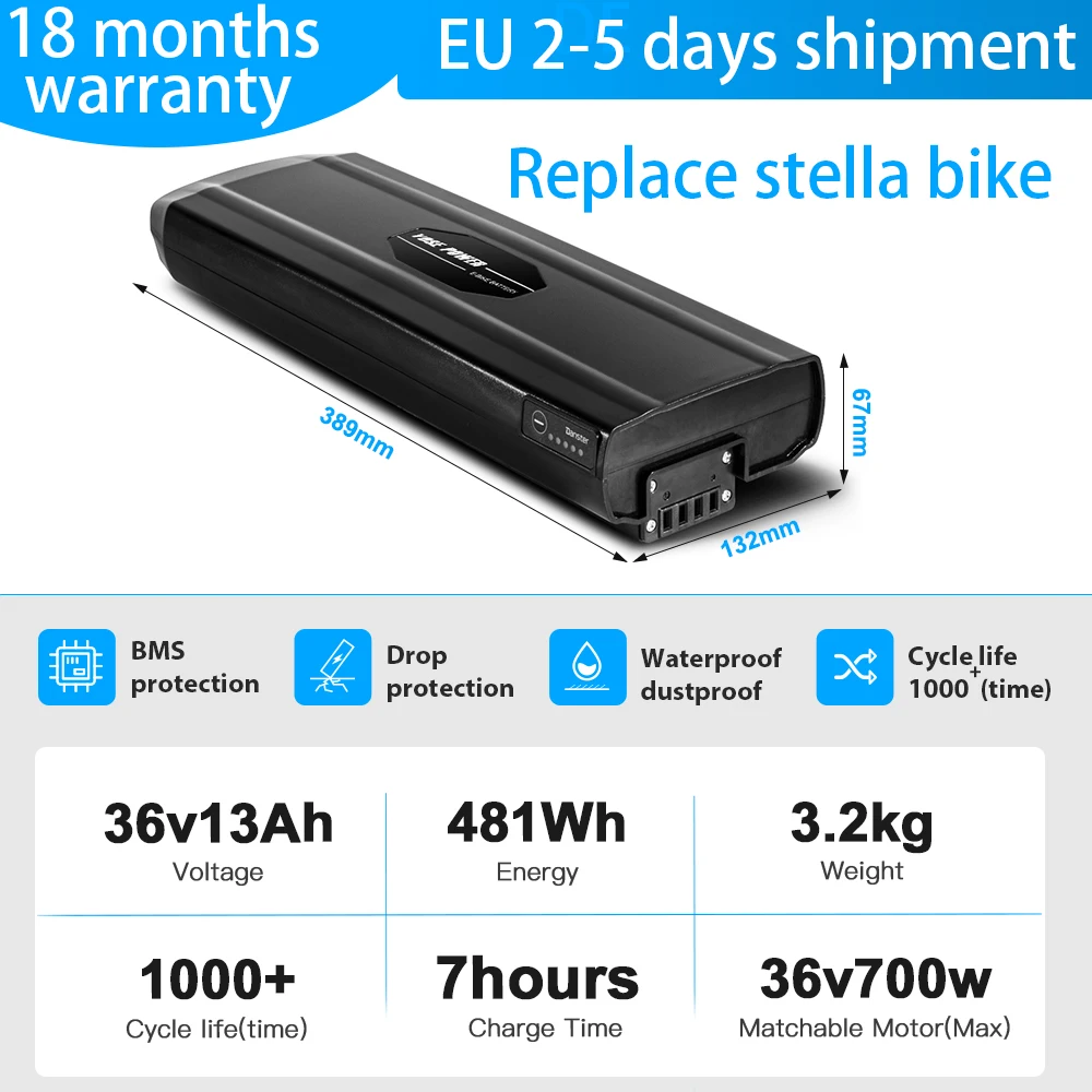 

electric bike battery 18650 cells Grade A 36v battery pack replace stella Rear rack bateria 36v lithium akku ebike battery