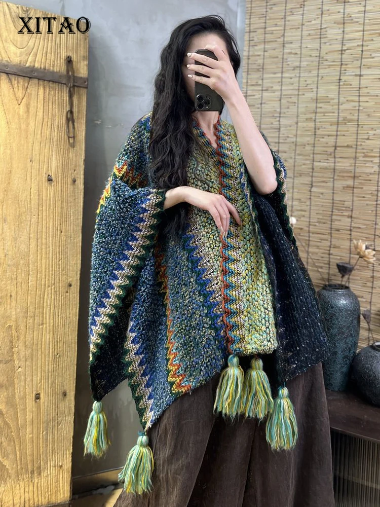 

XITAO, винтажный вязаный пончо, свободный свитер контрастного цвета с кисточками, накидка, кардиган, 2022, зимняя свободная Новинка SMH10185