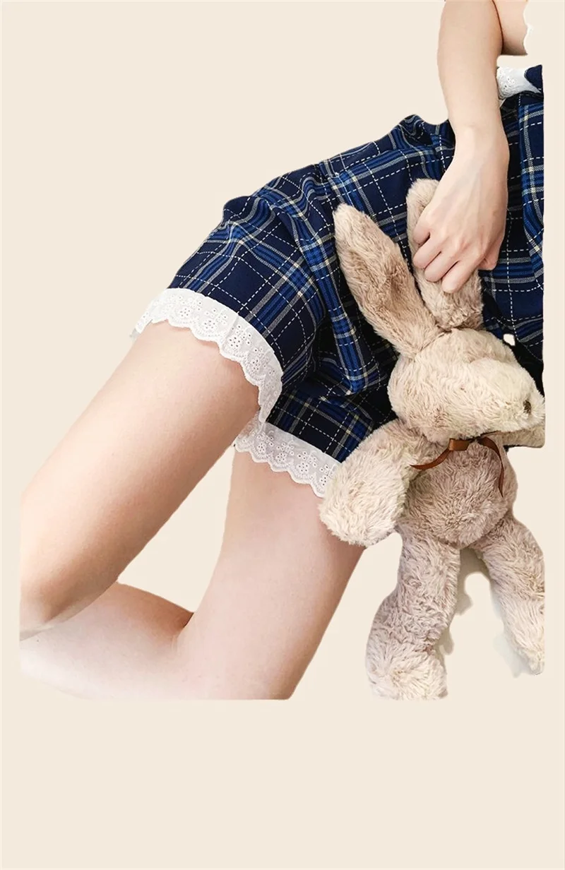 Spring Pajamas Set Short Sleeve Shorts Sexy Plaid Lace Bow Decorate Pyjama Big Size Mom Homewear Cozy Plus Princess Sleepwear