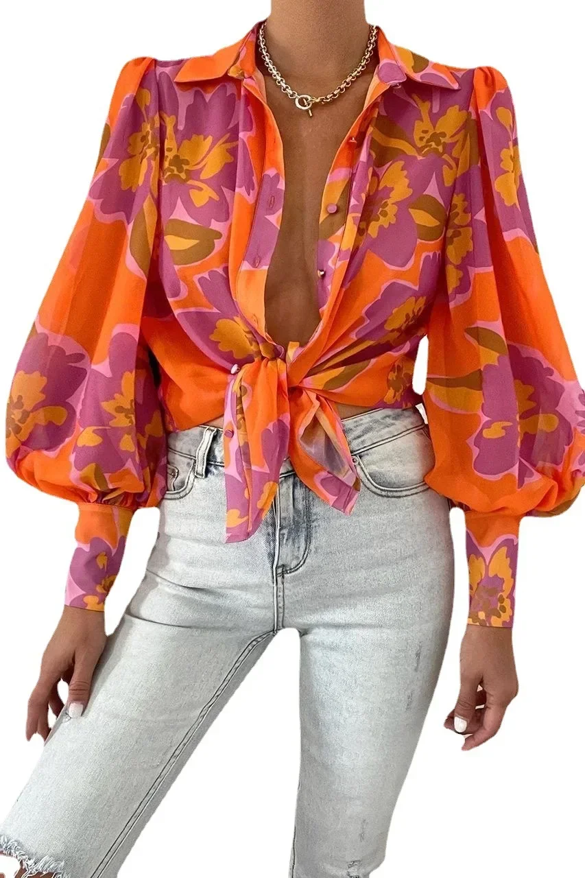 Лето 2023 женская рубашка с принтом на пуговицах и рукавами-фонариками элегантные