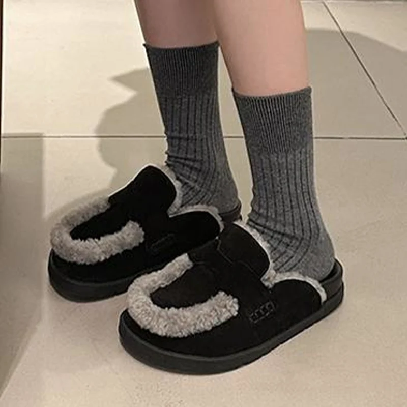

Fur Women Flats Platform Cotton Slippers Cozy Walking Suede Mules Shoes 2024 Autumn New Short Plush Fad Slingback Flip Flops