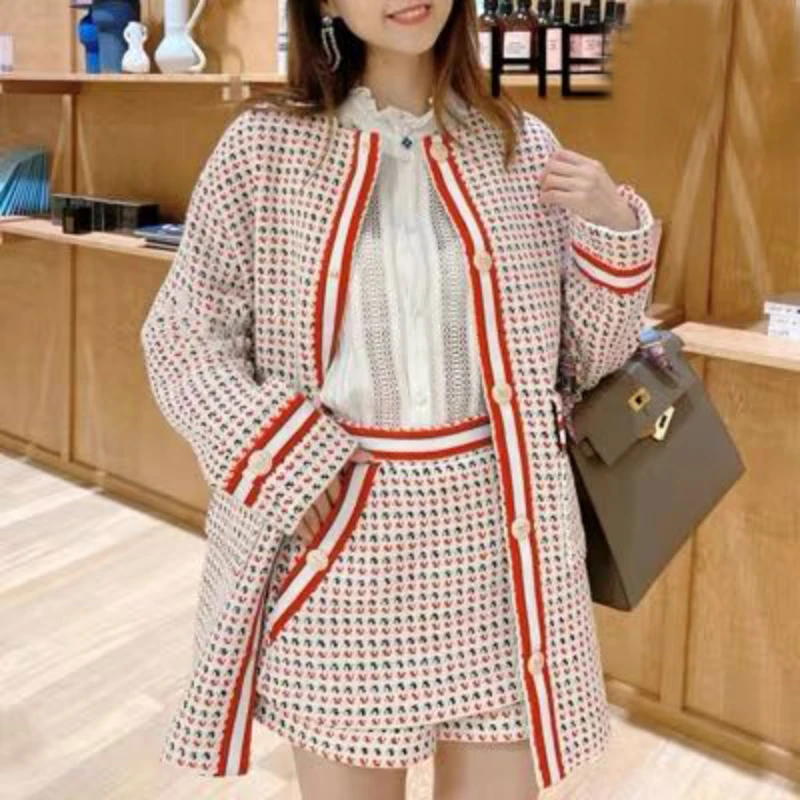 

Women 2023 New Autumn and Winter Colorful Tweed Plaid Knitted Jacket