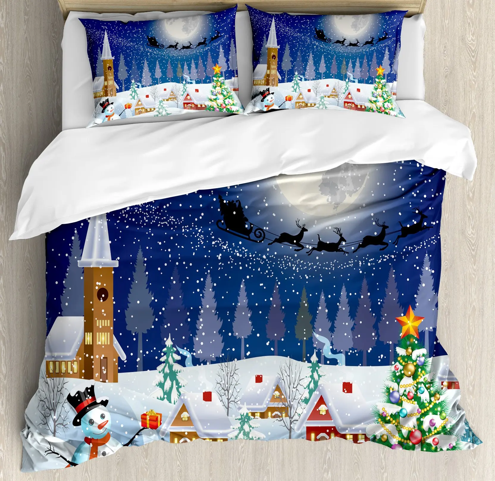 

Christmas Duvet Cover Winter Season Snowman Xmas Tree Santa Sleigh Moon Present Boxes Snow and Stars Room Decoration Children