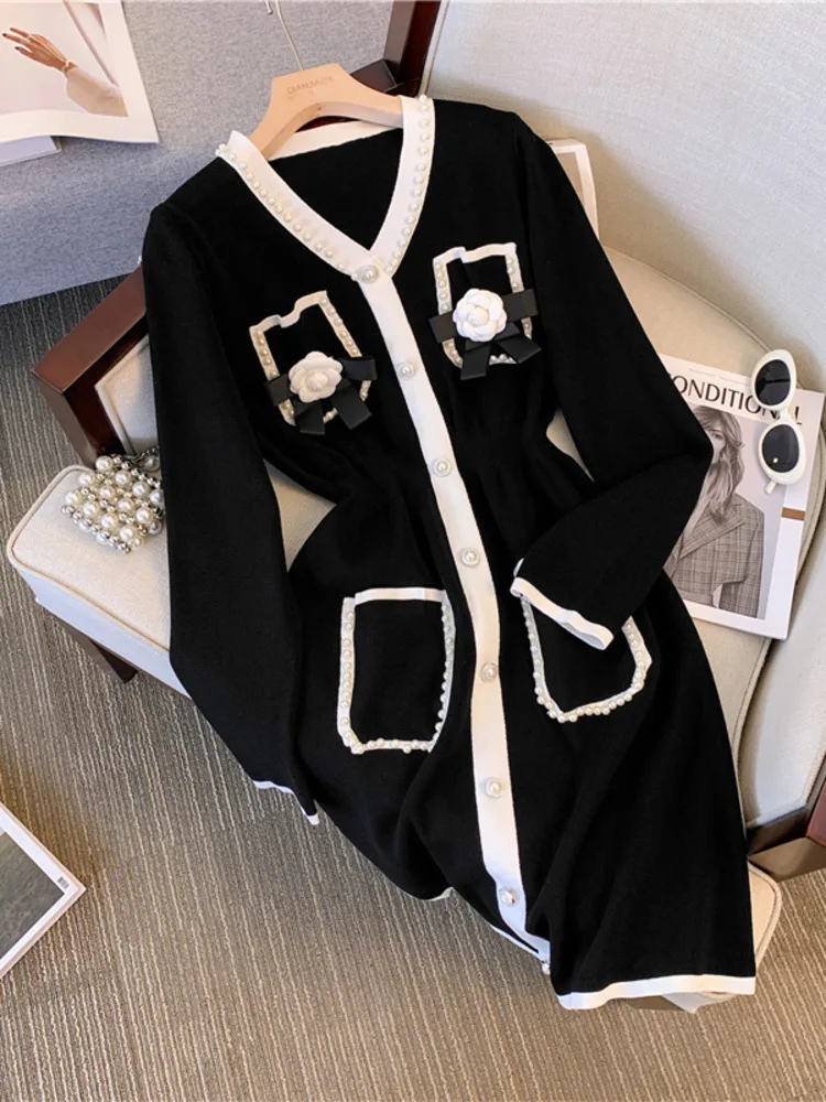 

Autumn French Vintage Fragrance Knitted Sweater Dresses For Women Hepburn V Neck Long Sleeve Dresses Korean Casual Knitwears