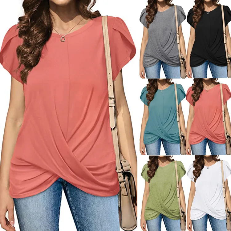 

Woman blouses 2022 summer new Crew Neck Solid Twist Short Sleeve pullover T-Shirt loose casual Women clothing