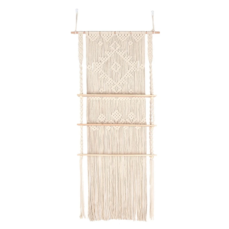 

Macrame Wall Hanging Shelf 3 Tier Boho Handmade Woven Tassel Wood Organizer Shelves Wall Floating Hanger For Home Decor
