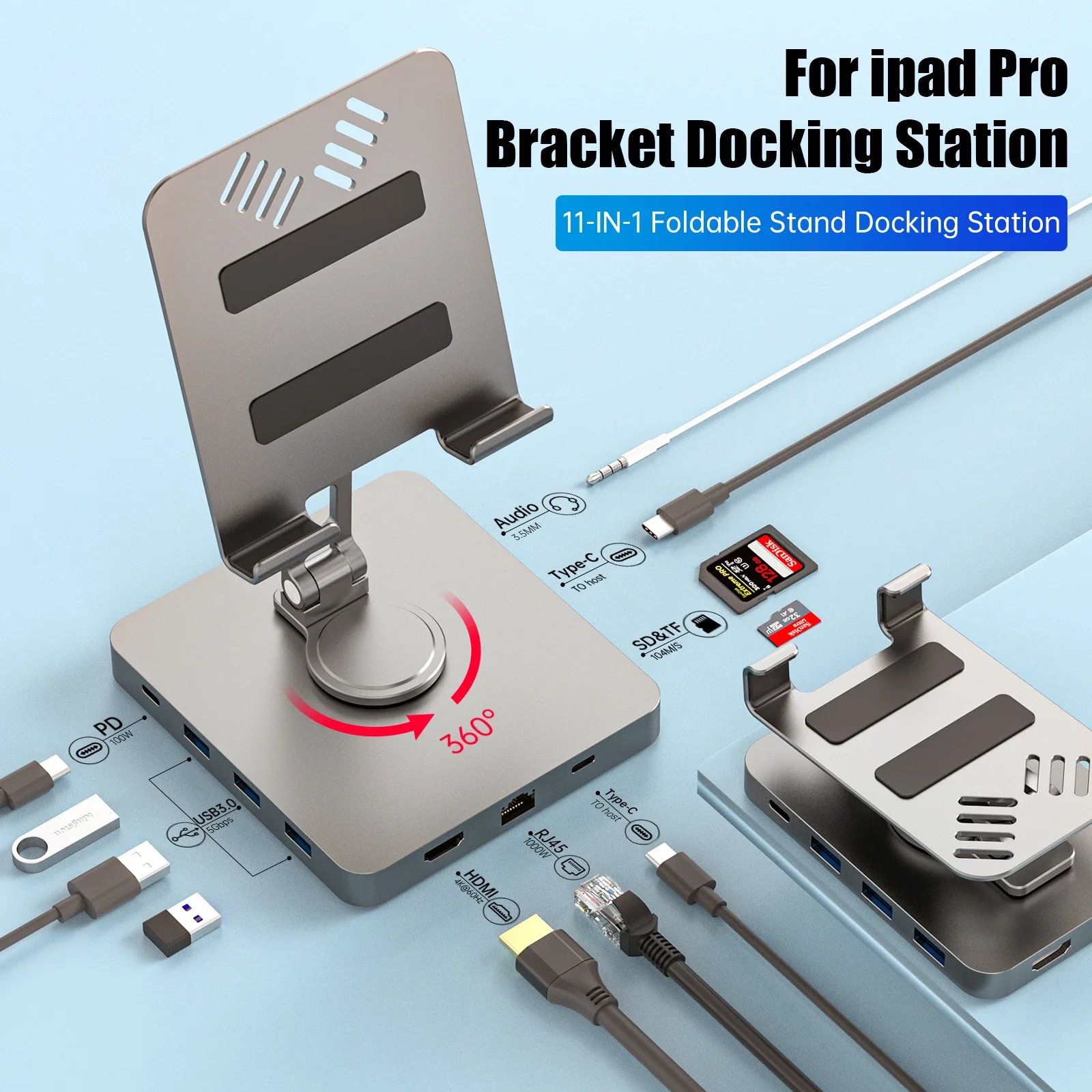 11 в 1 концентратор для Samsung Galaxy Tab IPad Pro Air Stand Type-c док-станция HDMI4K @ 60 Гц PD100W 5 Гбит/с RJ45 Вращающийся складной разветвитель