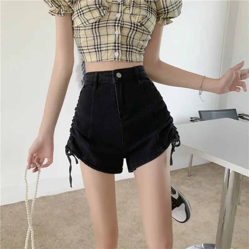 Women Denim Vintage Summer Basic Simple All-match High Waisted Drawstring Denim Shorts Leisure Ulzzang Ladies Streetwear Chic