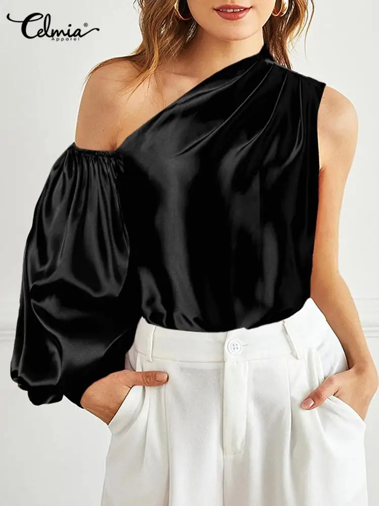 

Celmia Streetwear Luxury Blouses Chic Party 2023 Fashion Asymmetrical Shirts Satin Silk One Shoulder Lantern Sleeve Women Blusas