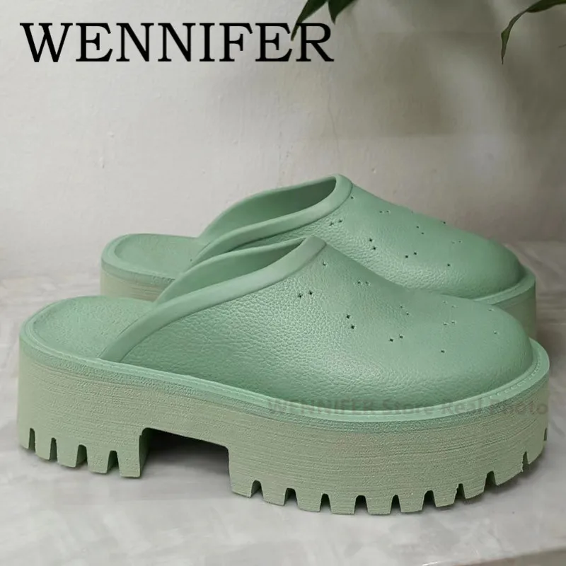 

Summer Mint Green Perforated Platform Mules Round Toe Backless Flatform Women Sandals Outdoor Causal Beach Slip-on Chunky Shoes
