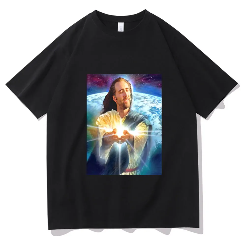 

Jesus Cage T Shirts Men Nicolas Cage Funny Meme Cotton Tshirt Crew Neck Short Sleeve T Shirts Harajuku Man Woman Oversized Tees