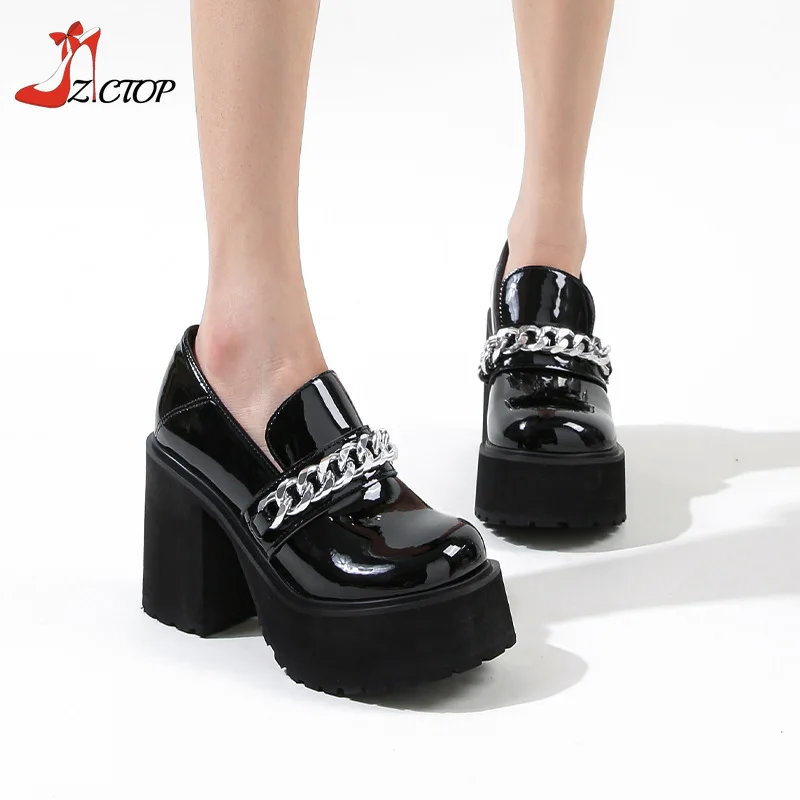 

2023 Spring Chunky Heel Platform Loafers Round Toe Patent Leather High Heels Women Mary Jane Shoes Fashion Black Pumps Female