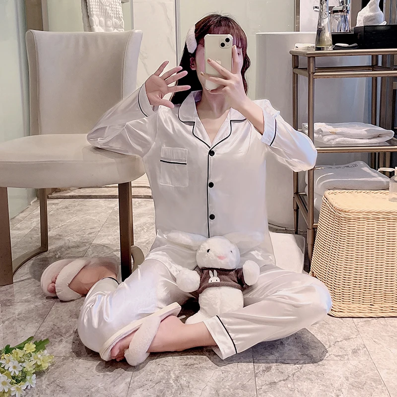 Summer long sleeve trousers solid color silk-like women's pajamas casual loose and comfortable girls home clothing two-piece sui