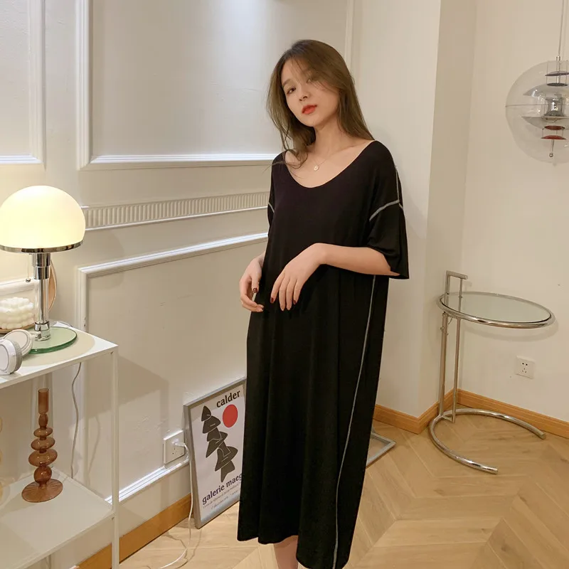 Fdfklak Casual Korean Women's Long Night Dress Loose Short Sleeve Nightgowns Femme V Neck Modal Comfortable Sleep Nightshirt