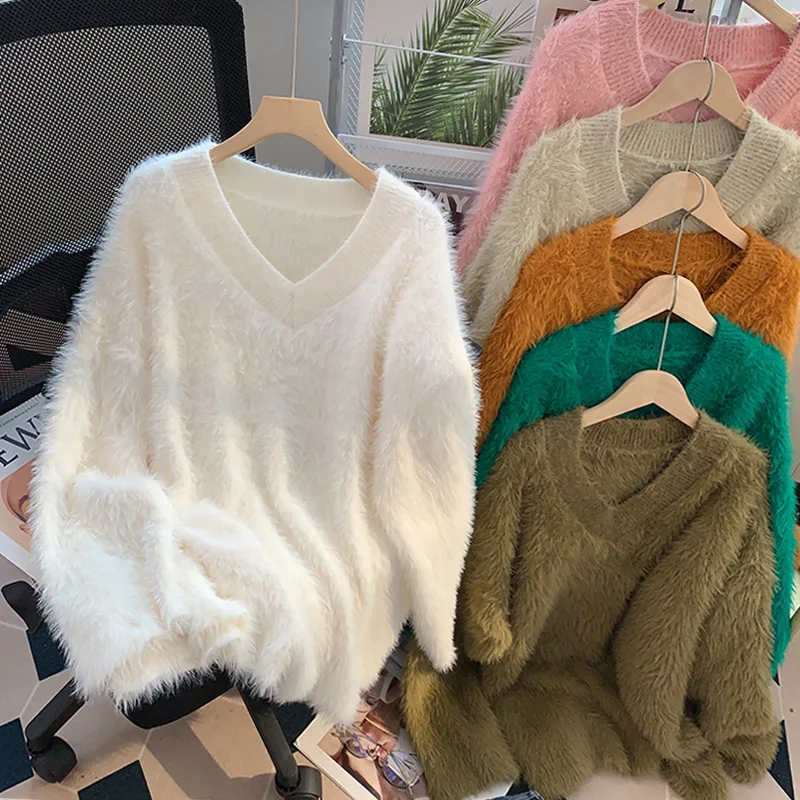 

High Quality Oversized Sweaters White V-neck Faux Mink Cashmere Pullover Soft Sweater for Women Autumn Winter 2022 New Loose Top