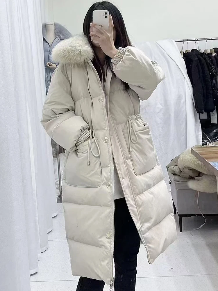 

Fitaylor Winter Female Turn-down Collar Drawstring Long Coat Casual Lady Thick Warm Windproof Puffer Coat White Duck Down Coat
