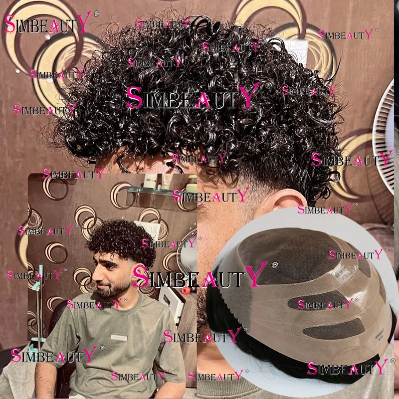 15mm Curly Mono Bond Afro Toupee for Men Weave Kinky African American Prosthesis Human Hair Replacement Systems Hairpiece