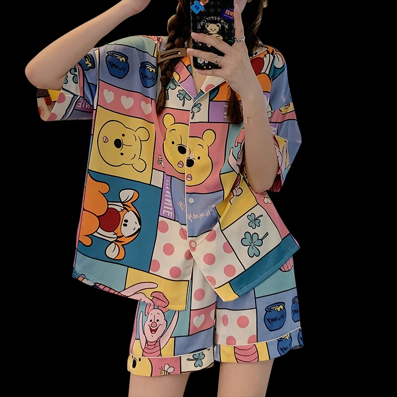 Disney Winnie the Pooh Oversized Silk Two Piece Pajamas Set for Women Summer 2023 New with Shorts Home Suit Stain Sleepwear Lady