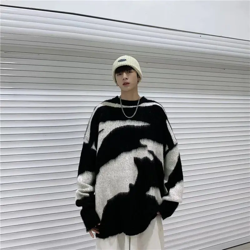 Striped Pullovers Men's Harajuku Clothes Design Sweater Personality Knitted Print Women's Korean Fashion Oversize Hip Hop