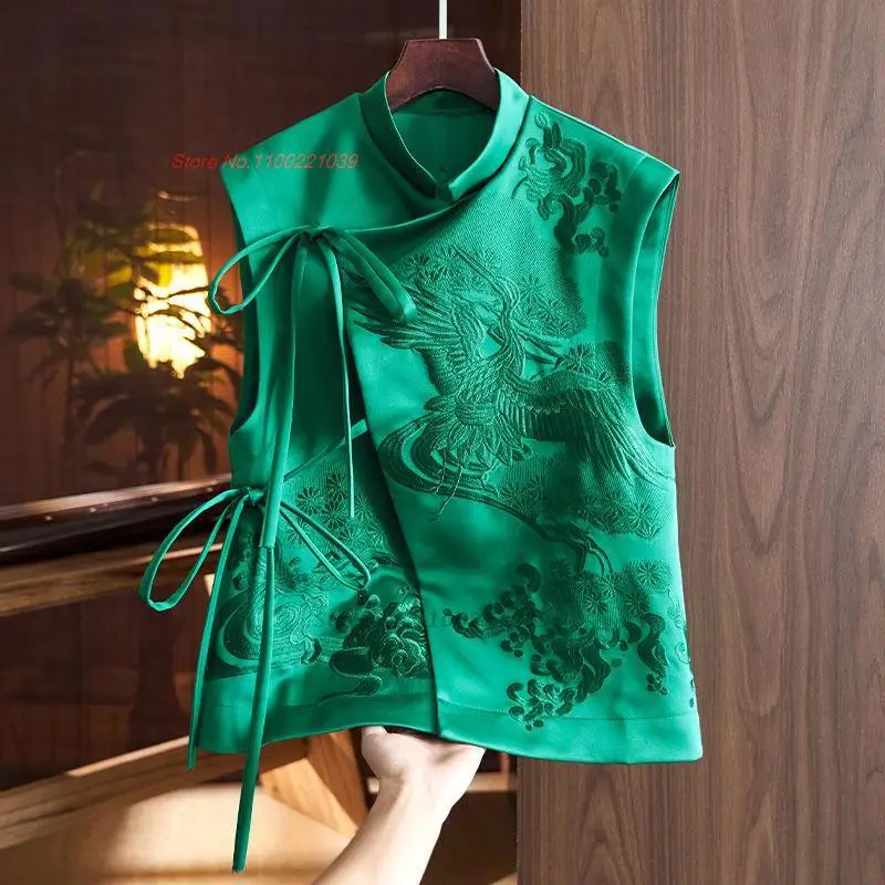 

2023 традиционная этническая одежда, современный женский жилет в китайском ретро-стиле, куртка с вышивкой журавлей, Восточный повседневный костюм Тан